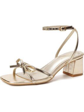 Women's Matte Gold Square Open Toe Bow Strappy Block Chunky Low Heels Sandals